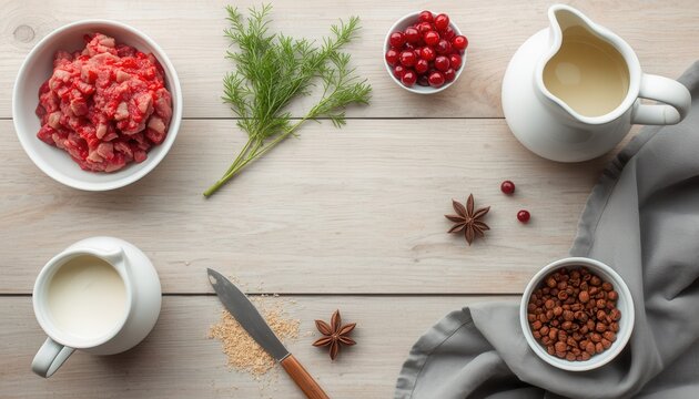 Ingredients for Culinary Delights: A rustic flat lay showcases a selection of fresh ingredients, including cranberries, dill, star anise, and cream, set against a light wooden backdrop.