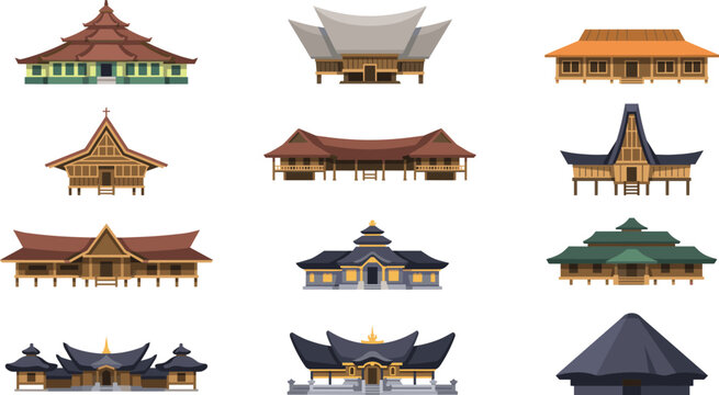 Flat Style Traditional Indonesian Traditional House Vector Set Featuring Various Cultural Architecture From Different Regions Including Rumah Adat For Heritage And Culture Design