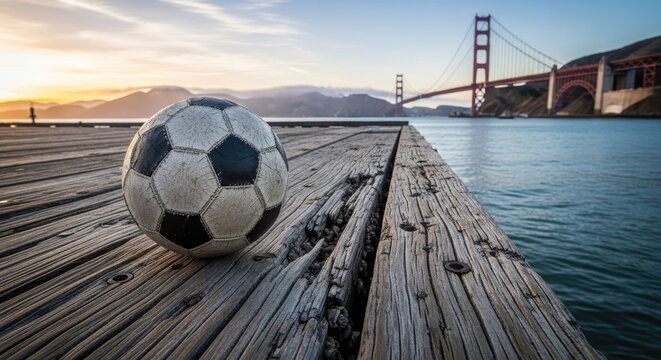 Soccer ball rolling on wooden pier near bridge at sunset