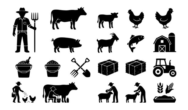 Livestock Farming Glyph Icons Set Farmer with Cow Calf Chicken Pig Goat and Fish Silhouettes