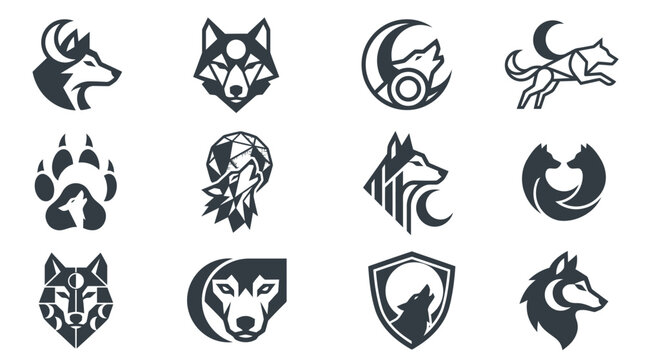 Set of Minimalist Wolf Logos and Wildlife Symbols