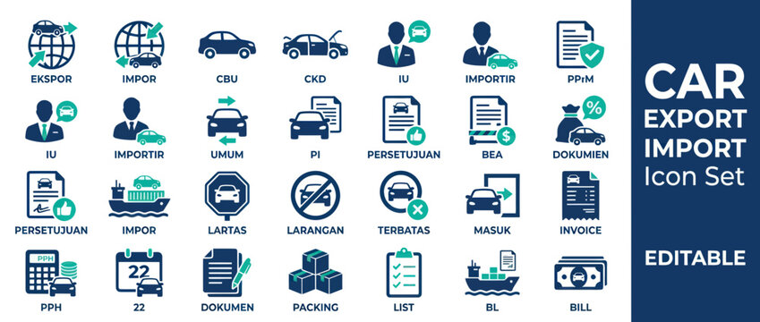 Car Export Import Icons Set: Global Trade, Logistics, Documents, Shipping, Finance