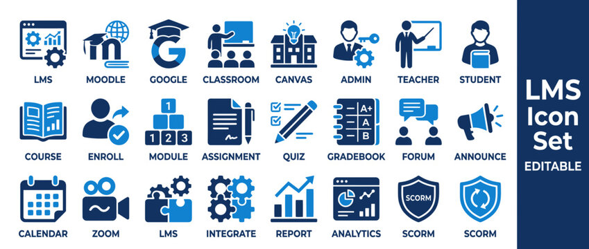 LMS Icon Set: Education, E-learning, Digital Classroom, Online Courses & Administration Icons
