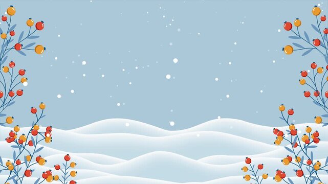 Winter background with branches and berries animation. Falling snow with snowflakes. Winter snowy background for banner, poster, wallpaper, greeting card, advertising. 4K animation
