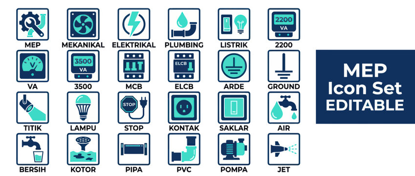 MEP Icon Set: Mechanical, Electrical, Plumbing Symbols for Engineering and Design