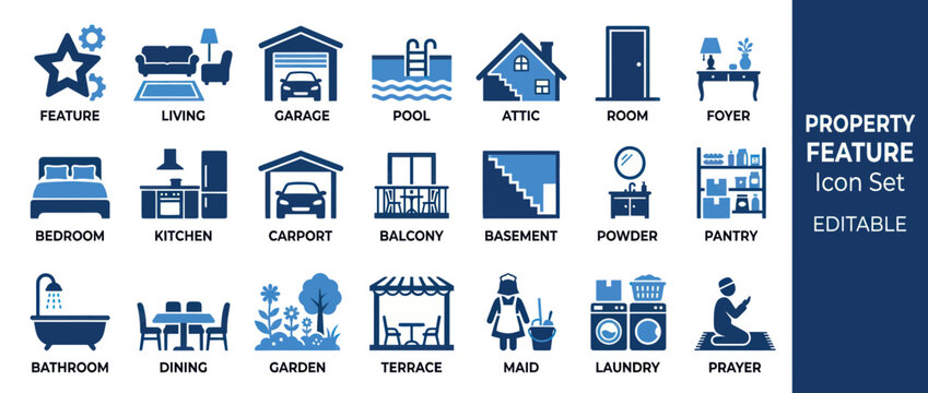Property Feature Icon Set: Home Elements, Rooms, and Amenities Collection
