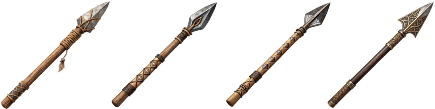 Set of four detailed ancient spears with metallic heads and wooden shafts as isolated object