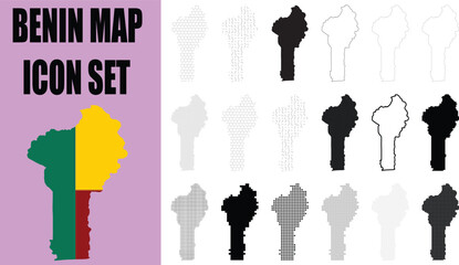 Obraz premium Benin Map Icon Set Vector Graphics, National Flag Colors, Silhouette Outlines, Country Shape Illustrations for Digital Design and Presentation, Geographic Data Visualization Elements