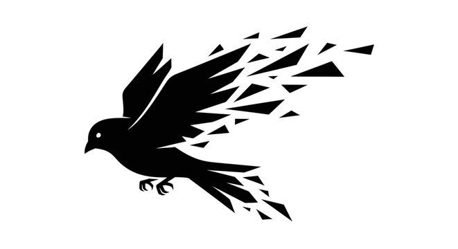 Abstract geometric bird in flight with shattering wings.