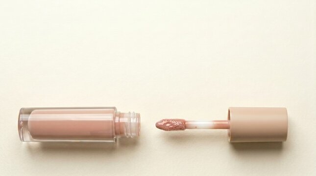 Overhead zenith flat-lay of open acrylic lip gloss tube components