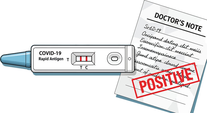 COVID 19 rapid antigen test with positive doctor s note on a document