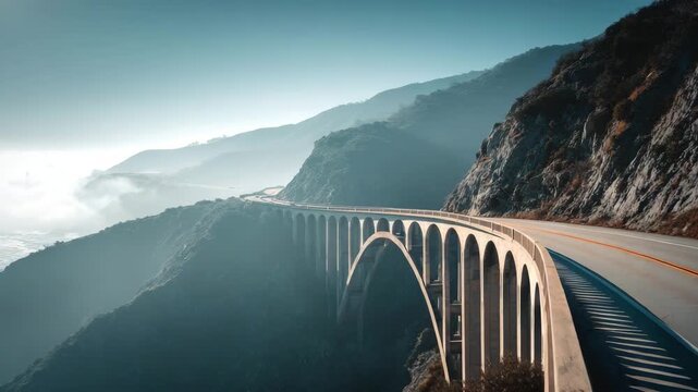 Scenic Coastal Highway Crossing a Majestic Arch Bridge Along a Mountain Coastline