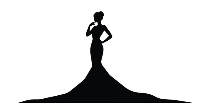 Elegant woman silhouette in long evening gown, fashion model pose, beauty pageant concept vector