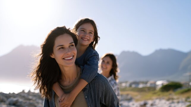 Happy mother giving daughter a piggyback ride on a sunny beach day