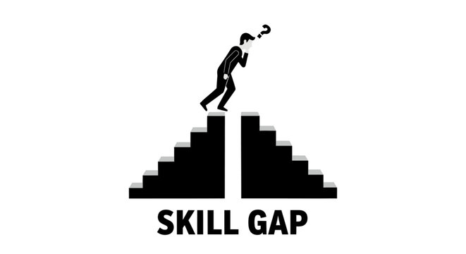 A confused businessman in black suit standing at the edge of a gap between two sets of stairs, with text "SKILL GAP" below.