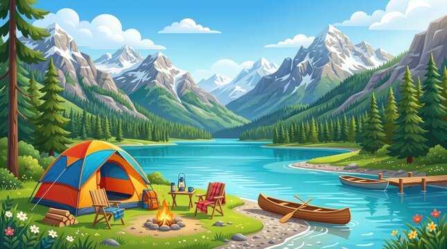 Colorful camping scene by a peaceful mountain lake