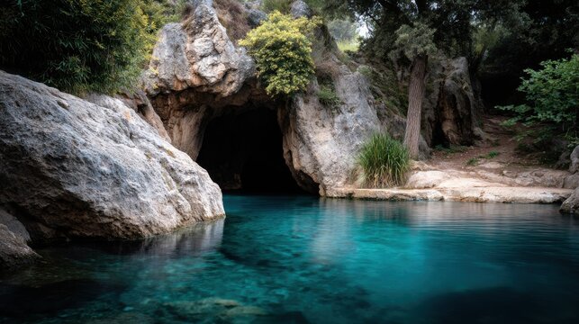 Mystical Cave Entrance with Crystal Clear Turquoise Water Pool