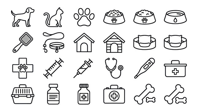 Veterinary medical and pet health outline icons.