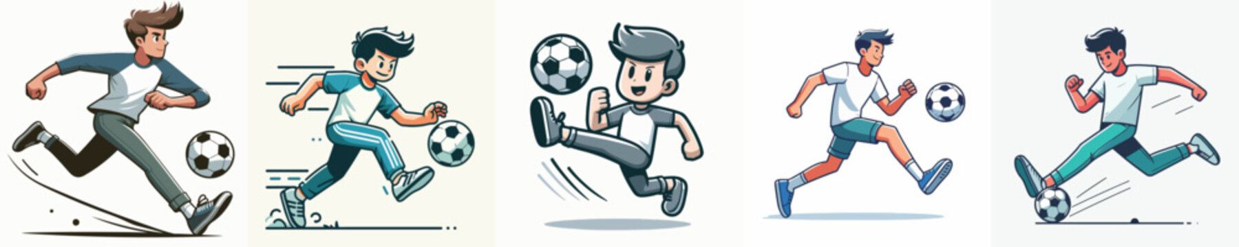 Cute cartoon boy playing soccer character set vector illustration, kids football player kicking ball flat design
