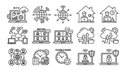 Fototapeta premium Virtual meeting and remote collaboration line icons