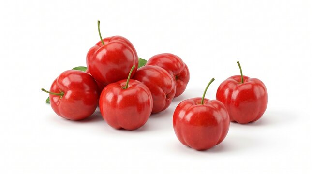 Fresh Red Acerola Cherries on White Background