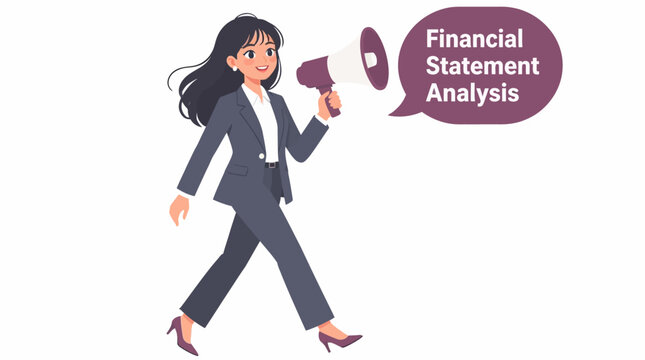 Businesswoman holding megaphone for financial statement analysis.