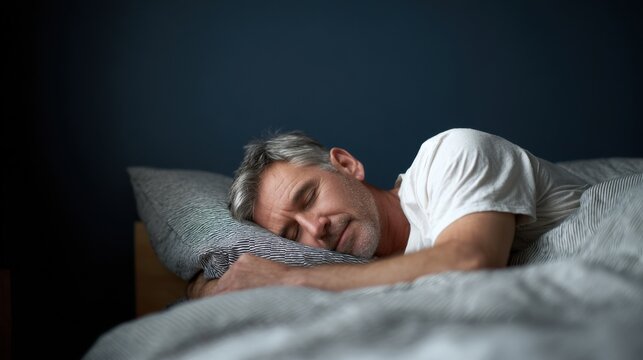 Relaxed middle-aged man sleeping soundly in a cozy bed