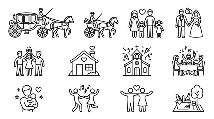 Obraz premium Wedding and family life cycle outline icon set.