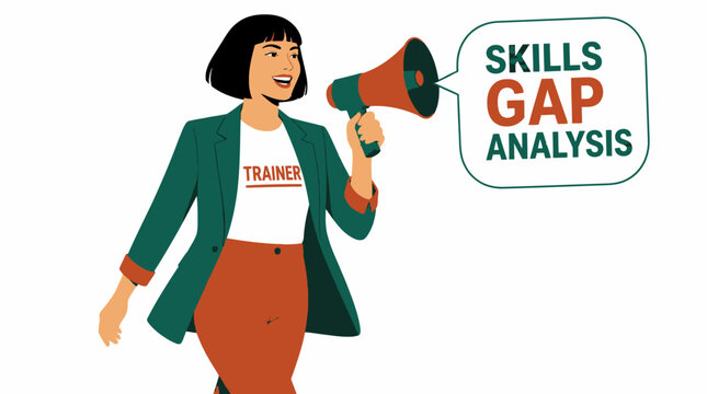 Woman with megaphone conducting skills gap analysis.