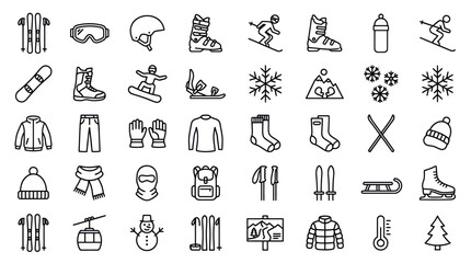 Winter sports skiing and snowboarding equipment icons set. © ULFAITA