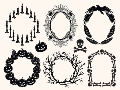Vintage Halloween vector frame set with pumpkin, branch, spider web, candle, skull, bone and feather frames. Hand drawn silhouette collection in monochrome style