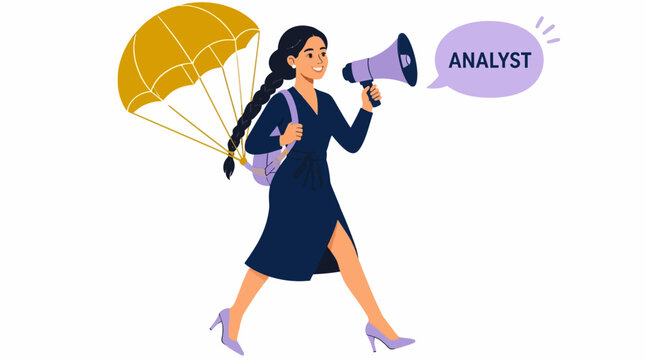 Confident business analyst with parachute and megaphone.