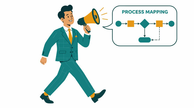 Businessman announcing process mapping concept with megaphone.
