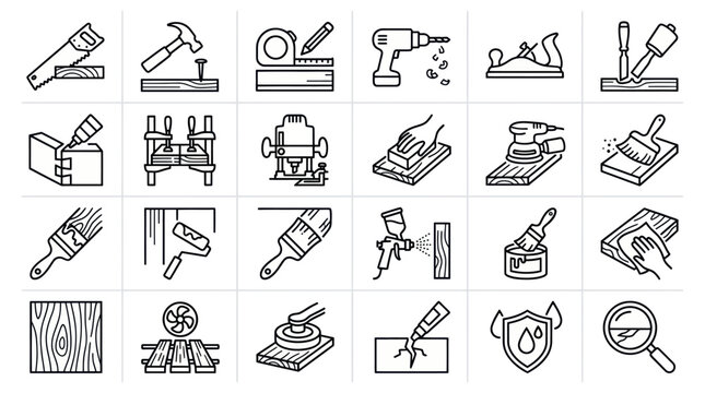 Woodworking tools and carpentry construction line icons.