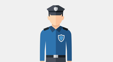 Police officer wearing a traditional blue uniform and a peaked cap stands in a professional standing pose. © yanto