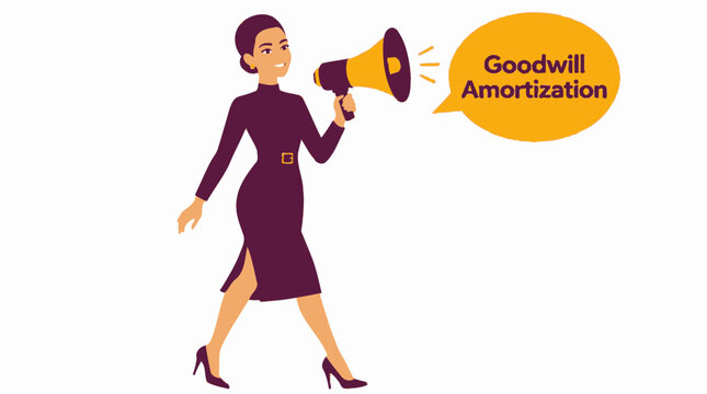 Woman in purple dress holding megaphone with goodwill message.