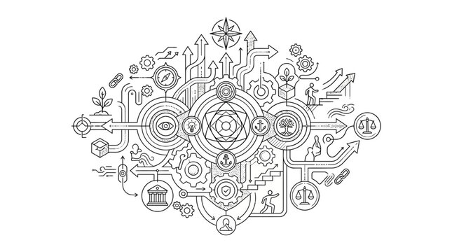 Complex symbolic mandala of skills and value alignment.