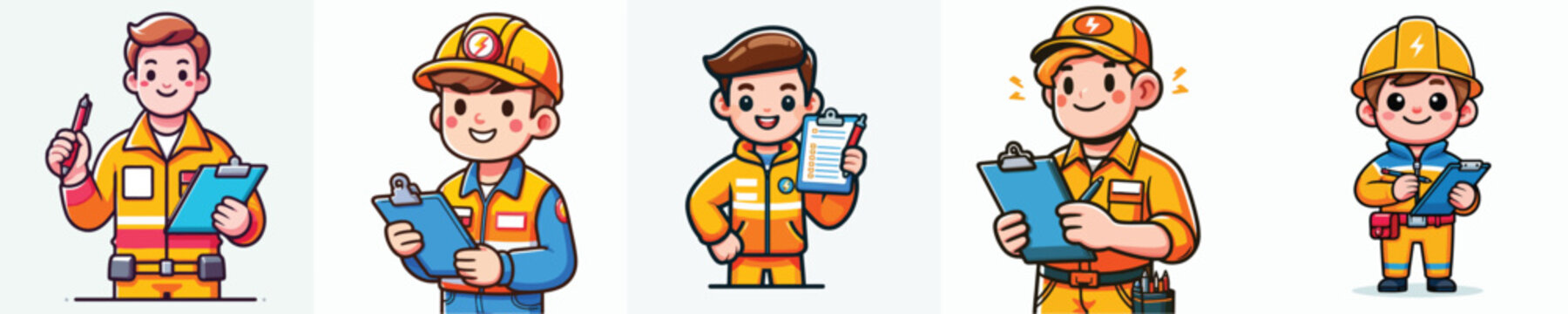 Cute Chibi Male Electrician Character Set, Boy Engineer Worker Holding Clipboard Cartoon Mascot Illustration
