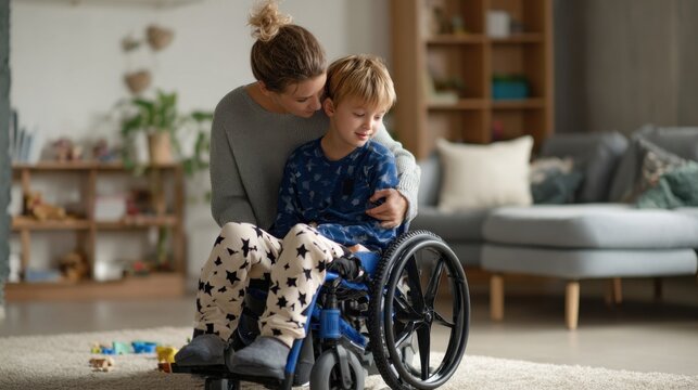 Mother Hugging Her Young Son in a Wheelchair at Home