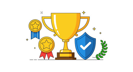 Gold trophy cup stands alongside two medals and a blue shield with a white checkmark to signify achievement, success, and quality standards. © yanto