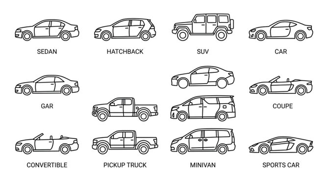 Set of different car body types vector outline illustration collection of modern automotive silhouettes in minimalist line art style