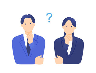 Fototapeta na wymiar 疑問を抱えて悩むビジネスパーソンの男女 上半身ベクターイラスト素材