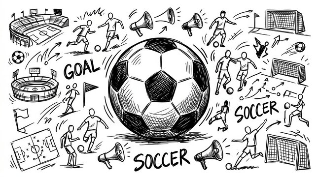 Hand drawn soccer doodle with football elements and stadium sketches.