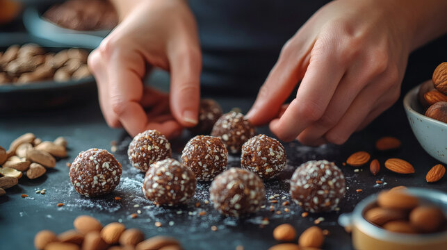 Close up of hands preparing date energy balls with nuts and coconut flakes on a dark surface surrounded by scattered almonds in small bowls for healthy homemade snacks or wellness lifestyle concept