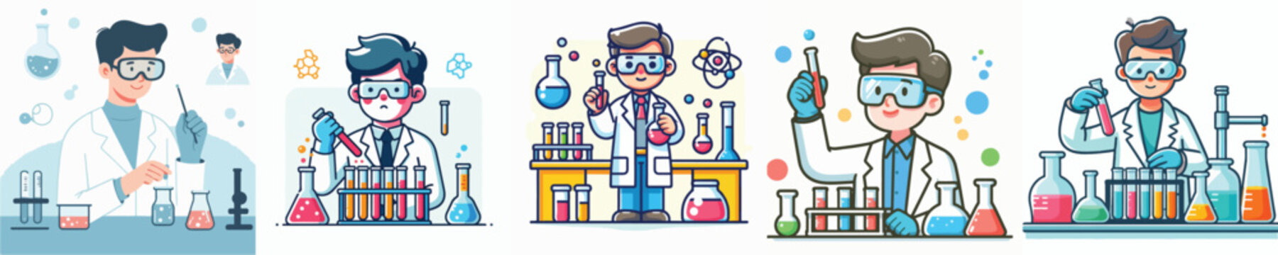 Cute Male Researcher and Chemist Character Bundle, Vector Chibi Scientist with Laboratory Equipment Mascot Design