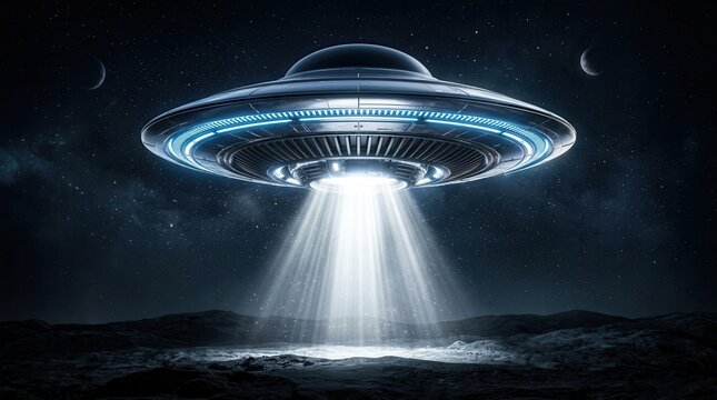 A mysterious UFO flying in the dark night sky.