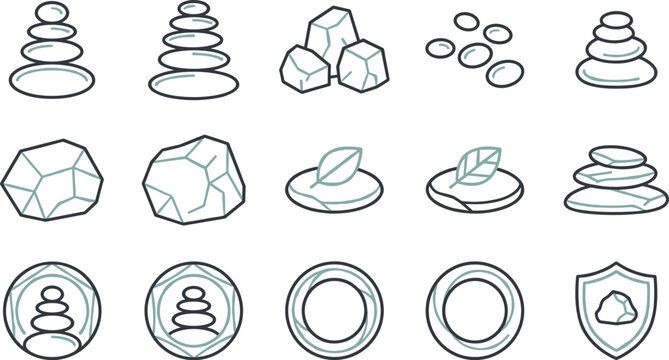Zen Basalt Stones and Balance Cairns Line Icon Set with Smooth Pebbles Mineral Rocks Mint Leaves and Meditation Spa Protection Shield Logo Branding Graphics
