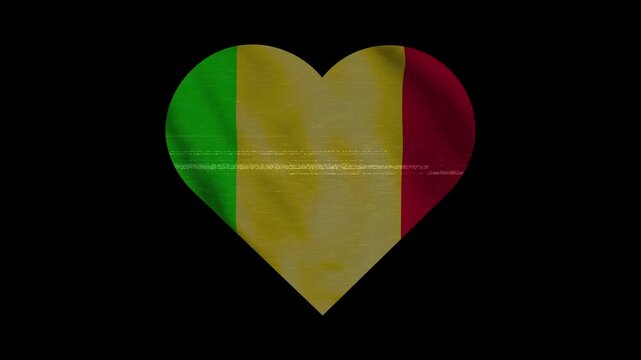 Patriotic Mali Heart Waving National Flag. Heart Shaped Mali Flag Animation with Retro Digital Glitch Effect