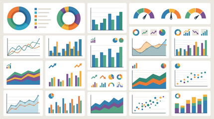 Fototapeta premium Modern flat business infographic collection featuring bar charts, line graphs, donut charts, gauge meters, area graphs, and scatter plots for data visualization dashboard design.