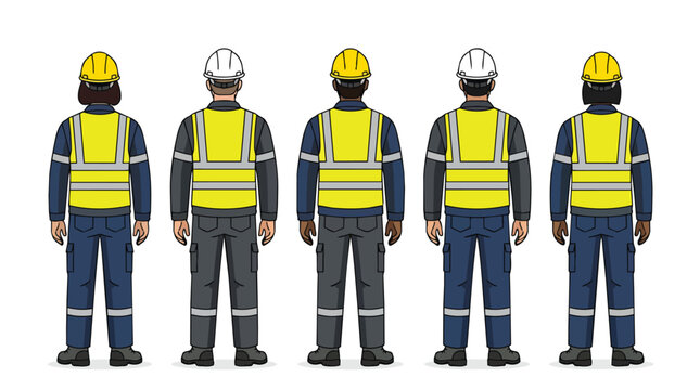 Rear view industrial team wearing reflective safety gear in modern flat vector for site supervisor training